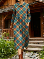 Women's Vintage Classic Plaid Pattern Casual Peter Pan Collar Long Sleeve Dress
