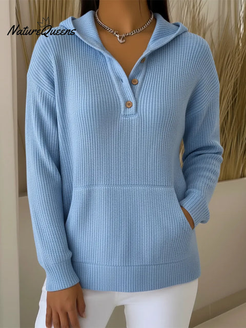 Casual Hooded Button Pocket Knit Pullover