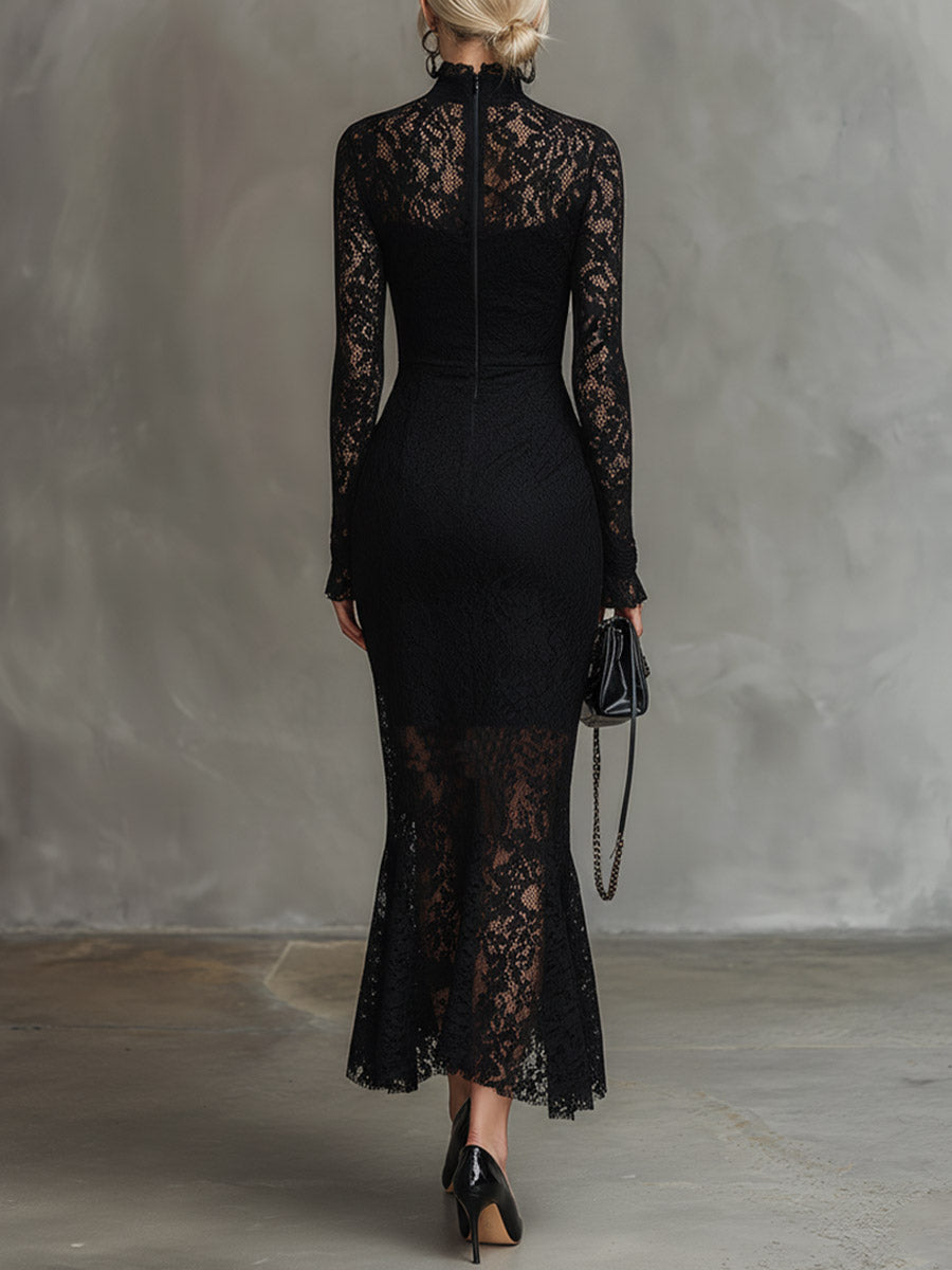 Women's Solid-color Stand-collar Long-sleeve Casual Slim-fit Lace Dress