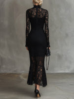 Women's Solid-color Stand-collar Long-sleeve Casual Slim-fit Lace Dress