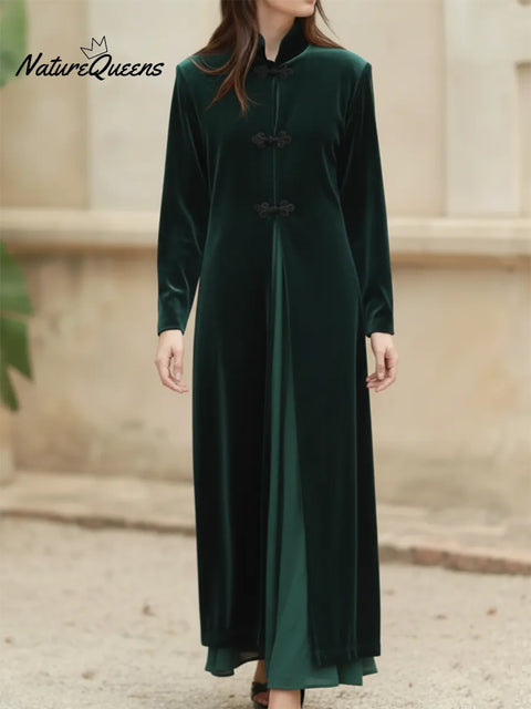 Elegant Stand-collar Velvet Slit Dress And Skirt Two-piece Set