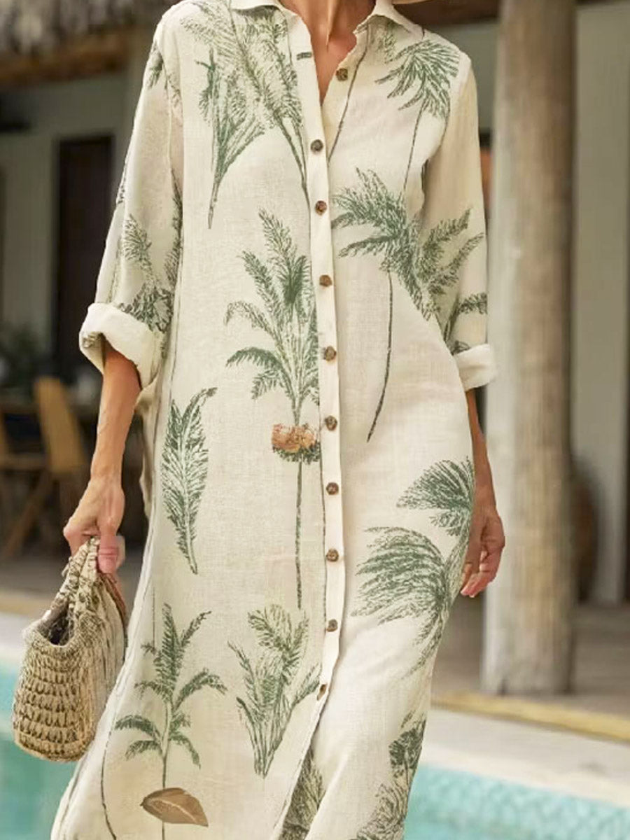 Women's Floral Art Print Casual Vacation Cotton Linen Shirt Dress