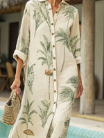 Women's Floral Art Print Casual Vacation Cotton Linen Shirt Dress