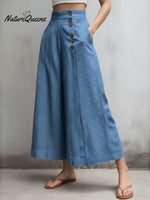 Women's Casual Striped Linen And Cotton Wide-leg Trousers