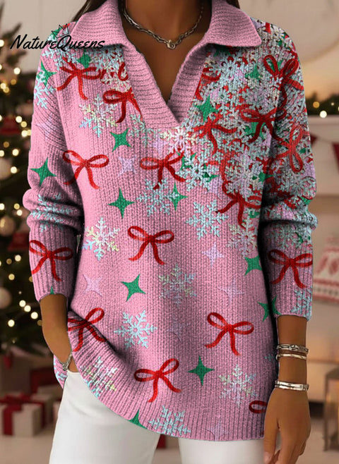 Christmas Bow Art Pattern Art Polo Collar Shiny Loose Sweater Top