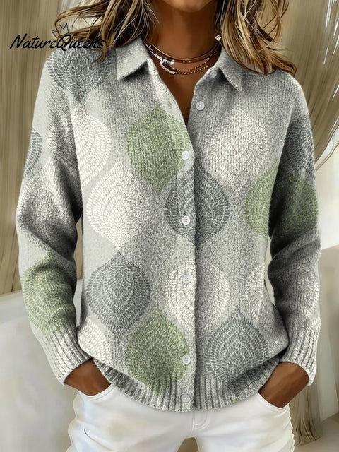 Women's Green Artistic Patterns Printed Collared Sweater