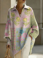 Women's Retro Gradient Flowers Floral Art Patterns V-neck Long-sleeved Casual Loose-fitting Knitted Pullover Sweater
