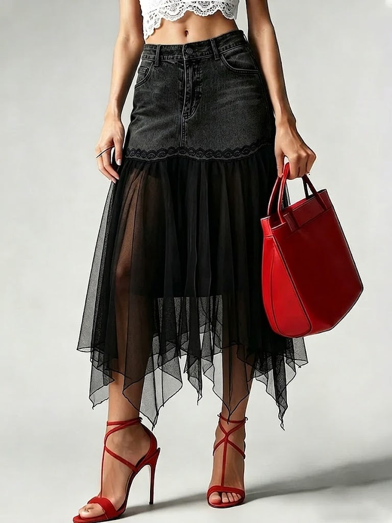 Stylish Casual Spliced mesh Denim Skirt