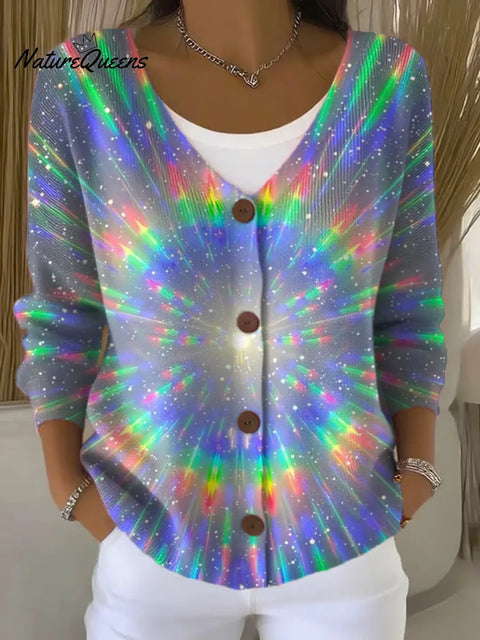 Gradient Colorful Art Print Buttoned V-neck Cardigan Sweater