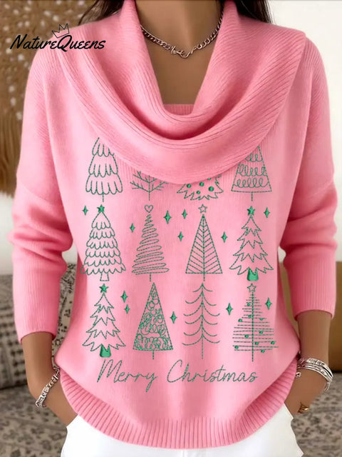 Women's Christmas Tree Art Print Cowl Neck Sweater