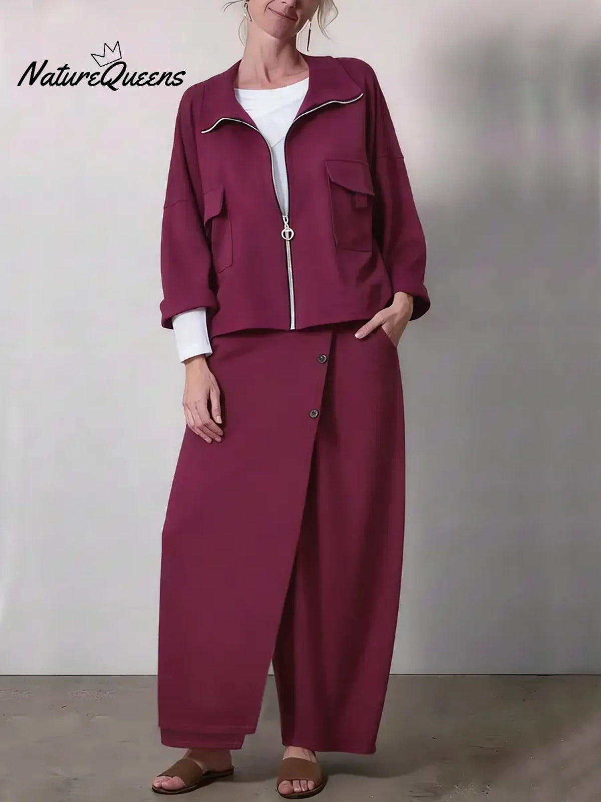 Women's Casual Zippered Cotton Jacket And Pants Two-piece Set