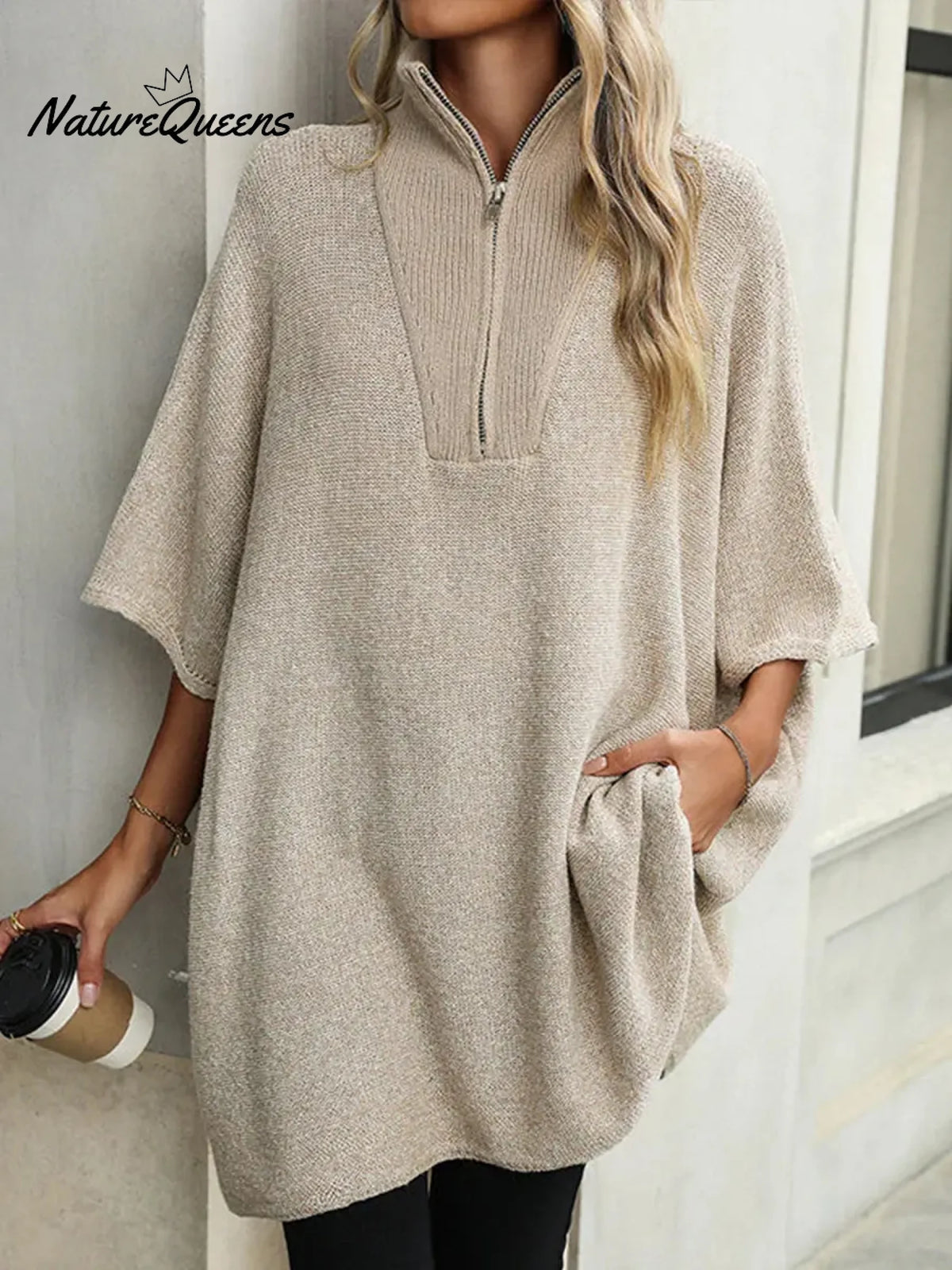 Women's Solid Color Cardigan Collar 3/4 Sleeve Casual Loose Knit Pullover Sweater