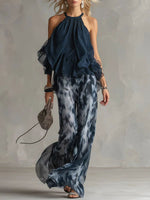 Women's Sleeveless Halter-neck Top And Printed Wide-leg Chiffon Pant Set