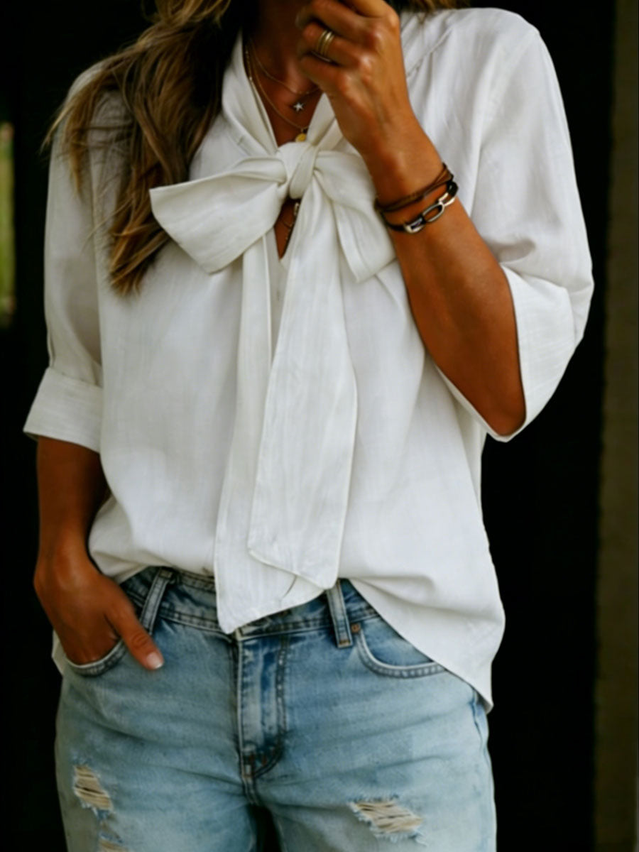 Women's Solid Color Tie-front Linen Cotton Shirt