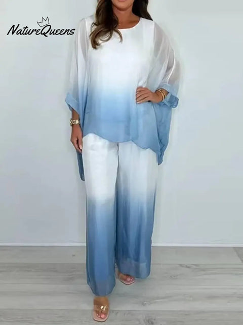 Women's Gradient Color Round Neck Long Sleeve Casual Loose Top And High Waist Casual Loose Wide Leg Pants Set