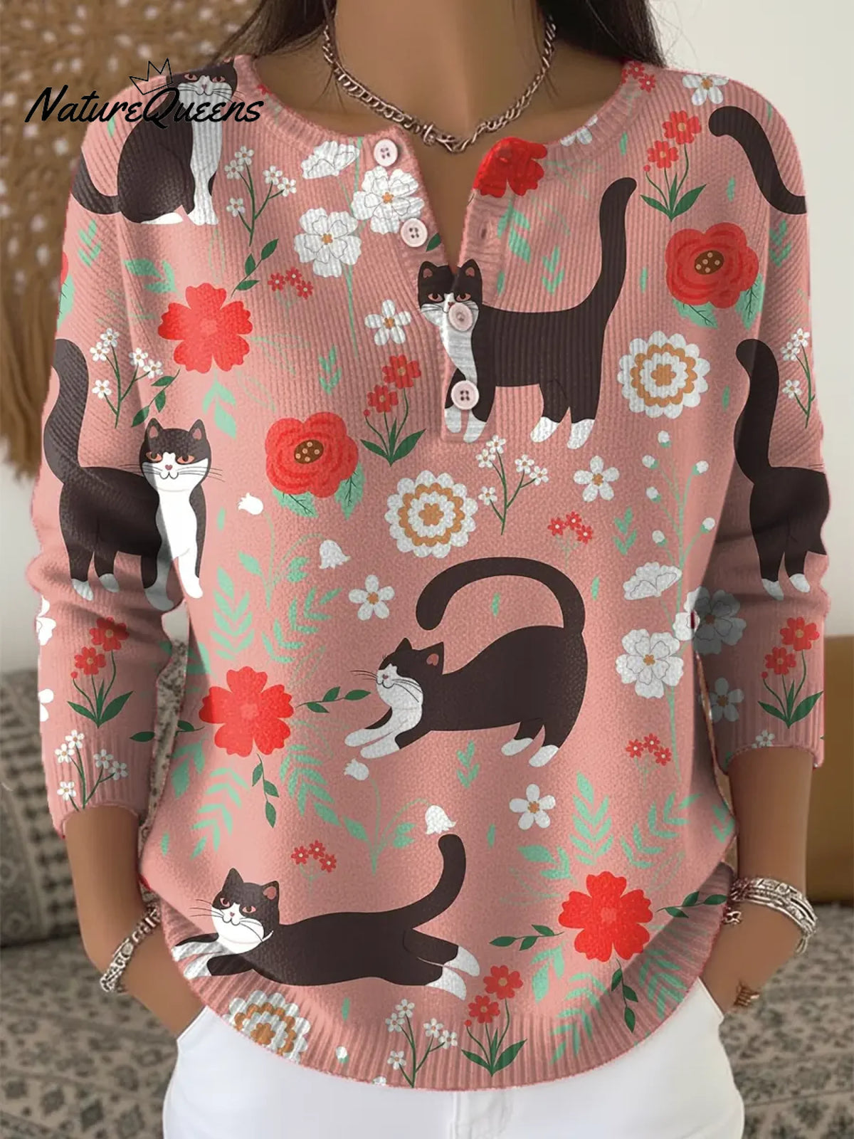Women's Funny Cats Floral Pattern Art Print Casual Cardigan Sweater