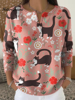 Women's Funny Cats Floral Pattern Art Print Casual Cardigan Sweater