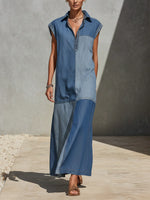 Casual Color-block Sleeveless Cotton Denim Dress