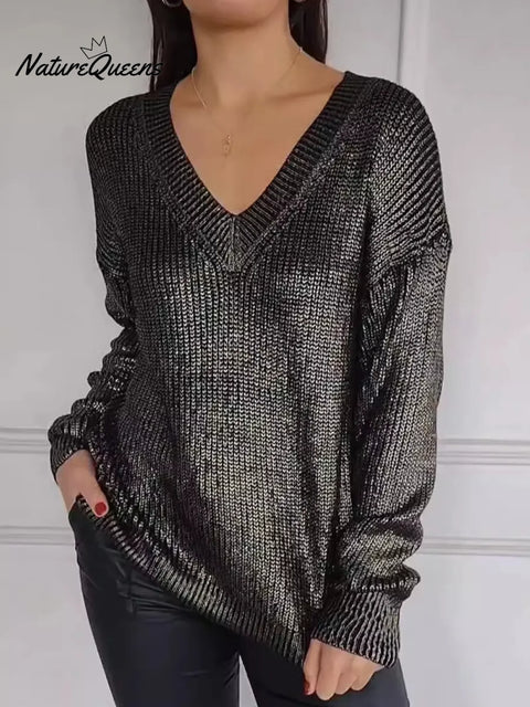 Women's Solid Color V-Neck Long Sleeve Casual Loose Knit Top