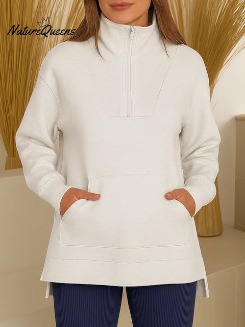 Women's Solid Color High-Neck Long-Sleeve Casual Loose Pocket Top