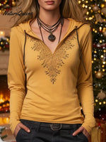 Women's V-neck Printed Long-sleeved Casual Loose Hooded Top