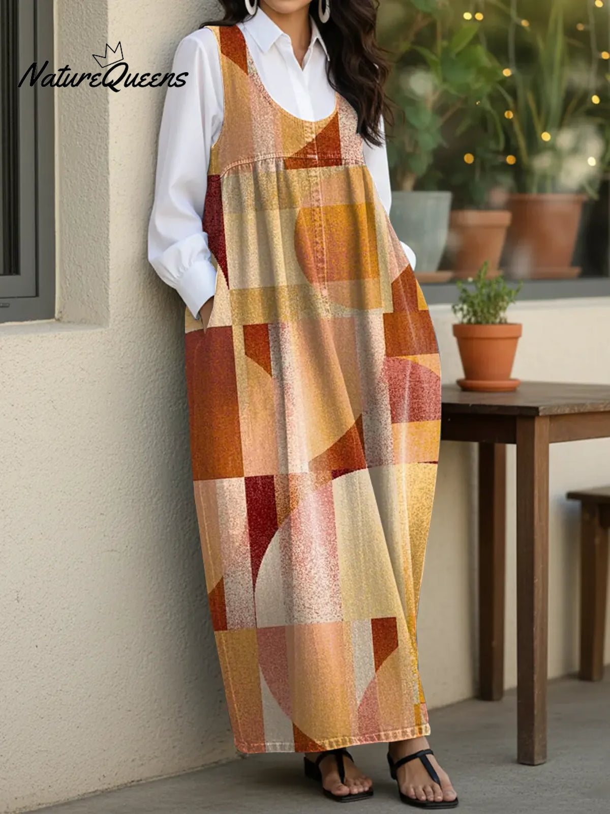 Women's Vintage Abstract Geometry Casual Loose Denim Vest Dress