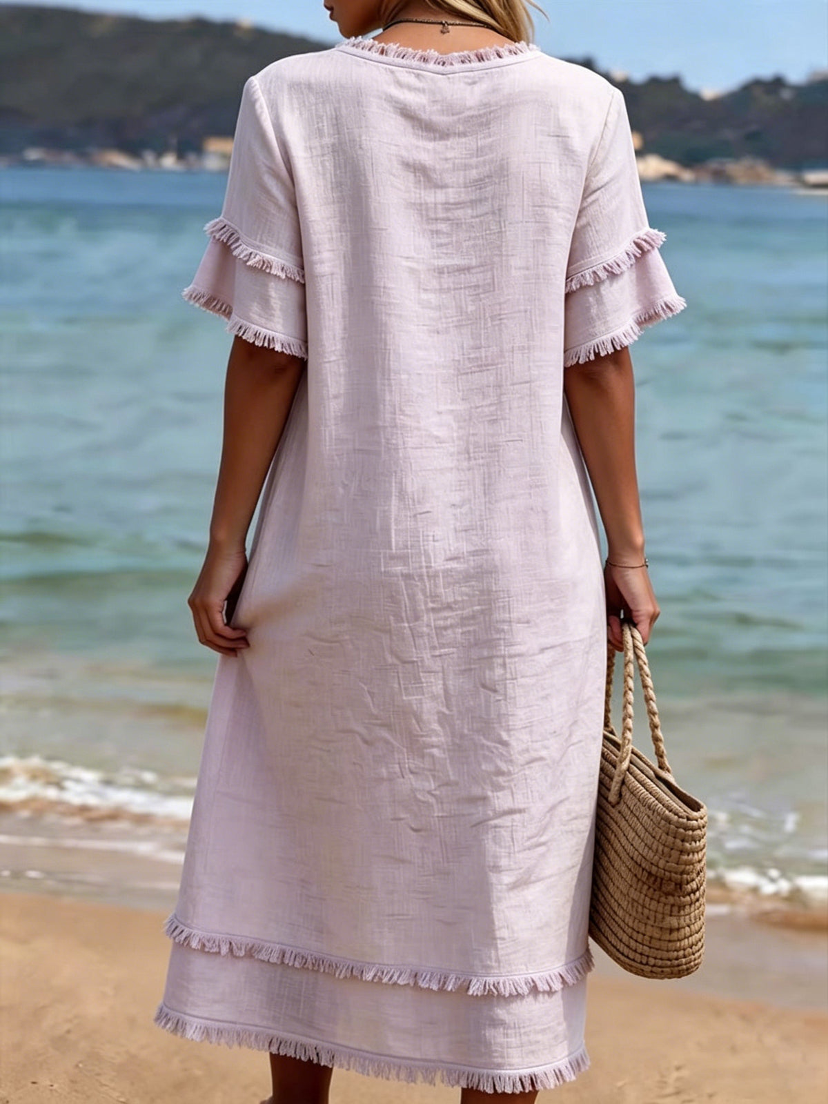 Jacquard Raw-edge V-neck Linen Resort Dress