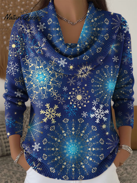Women's Christmas Snowflake Pattern Art Print Cowl Neck Sweater