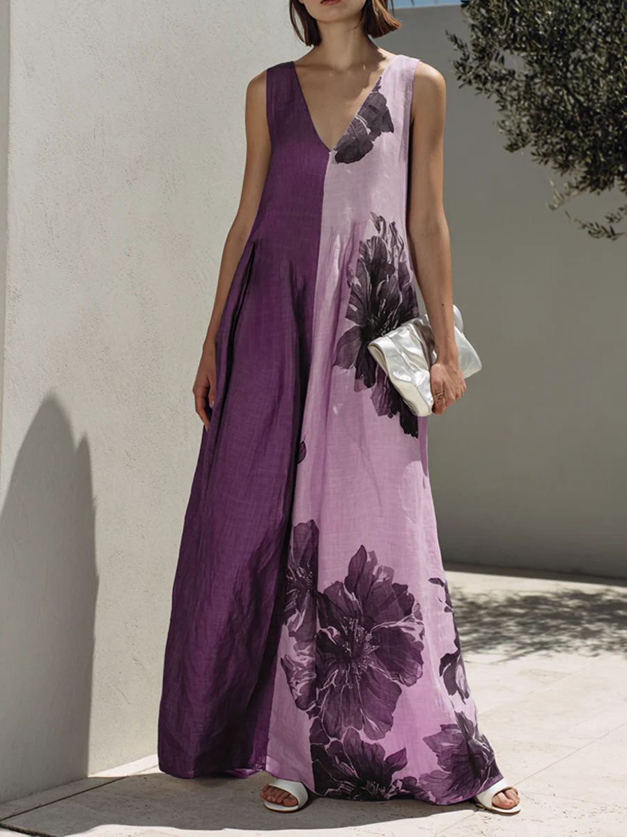 Women's Vintage-print Patchwork V-neck Sleeveless Loose-fit Cotton-linen Casual Dress