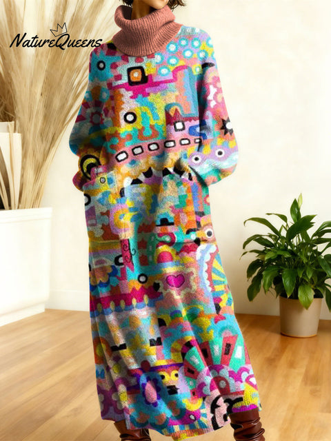 Women's Retro Geometry Abstraction Color Gradient High-neck Long-sleeve Casual Loose Knit Dress