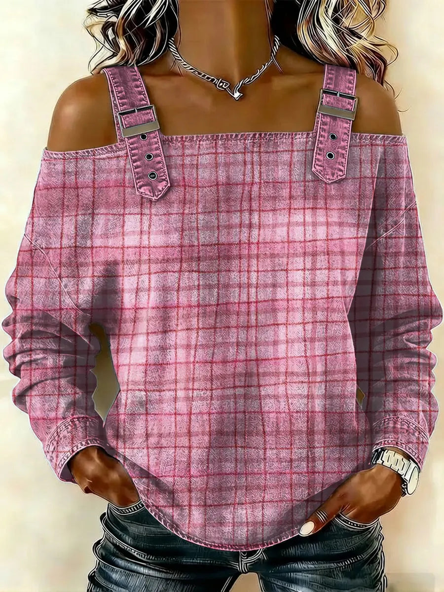 Women‘s Plaid Pattern Art Print Casual Cotton Denim Shirt