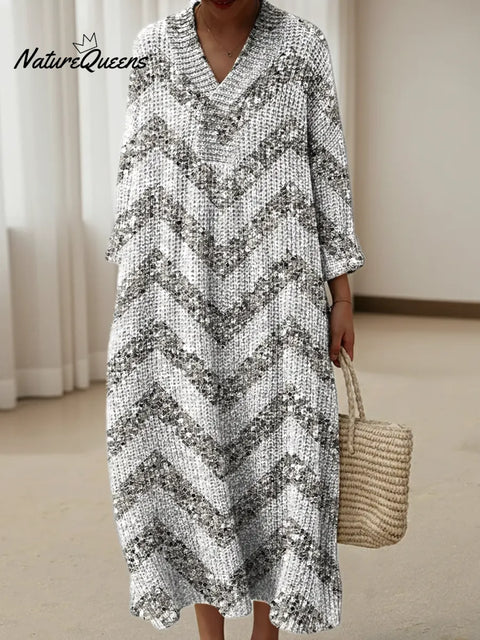 Sparkling Stripes Print Knitted V-neck Dress