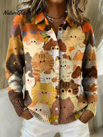 Women's Cute Kitten Printed Collared Sweater