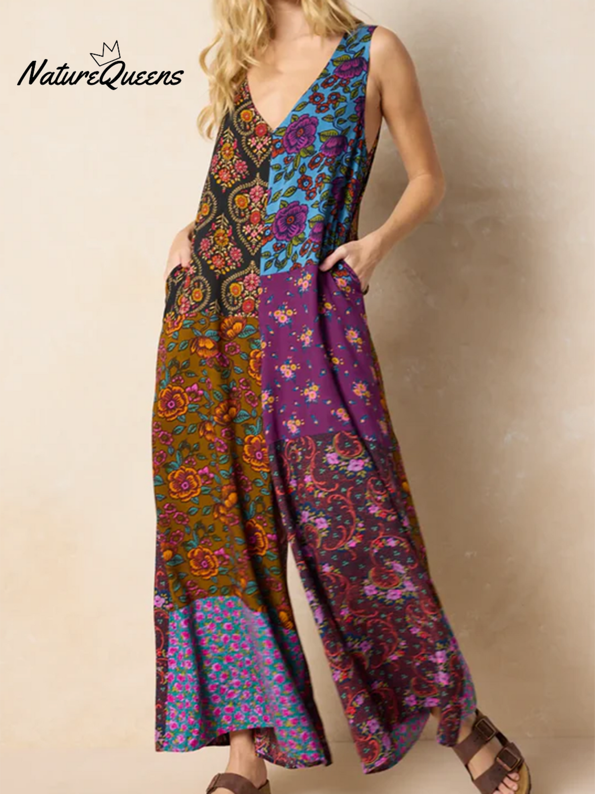 Bohemian Floral Plaid Patchwork Print Loose Jumpsuit