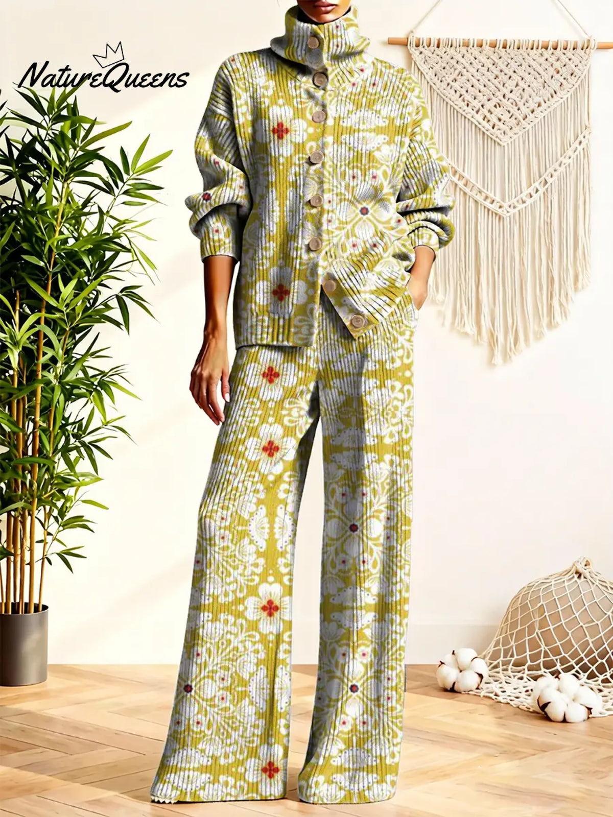 Women's Floral Pattern Art Print Casual Cotton Knitted Suits