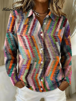 Women's Retro Artistic Color Stripes Printed Collared Sweater