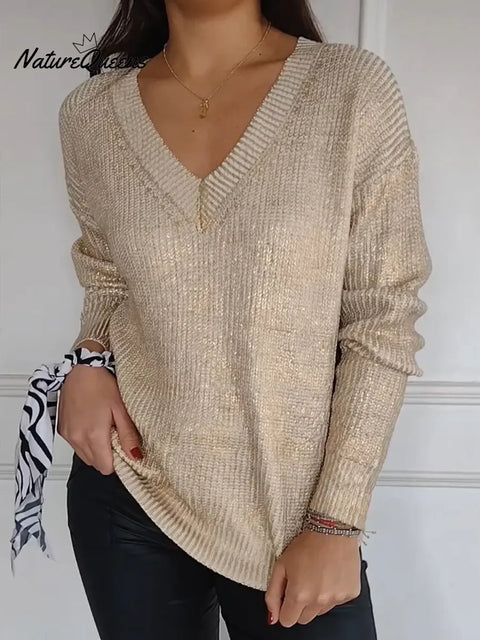 Women's Solid Color V-Neck Long Sleeve Casual Loose Knit Top