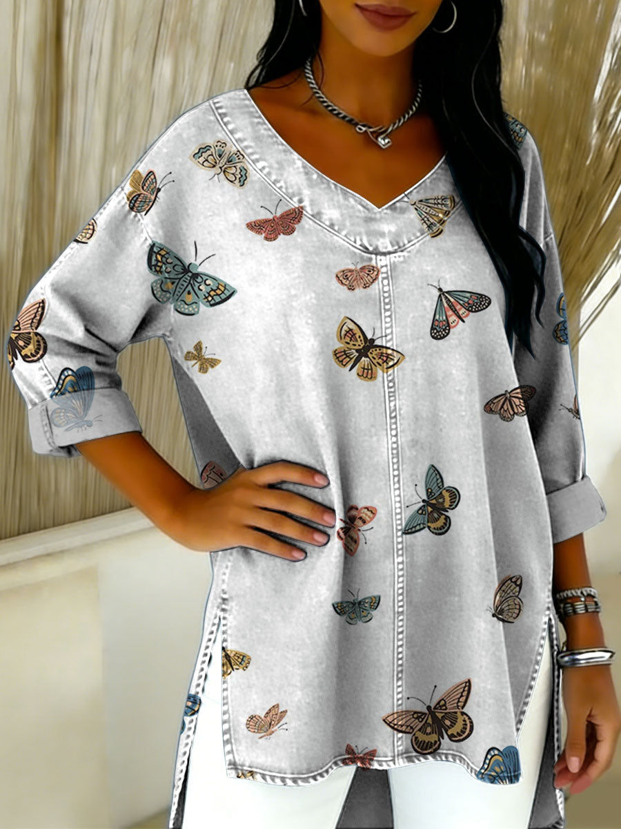 Butterfly Decorative Patterns Women's Casual V Neck Collar Shirt
