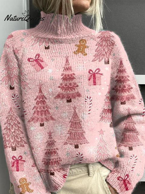 Women's Christmas Tree Pattern Art Print Casual Turtleneck Sweater