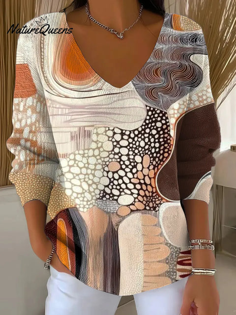 Women's Abstract Pattern Art Print Casual V-Neck Sweater