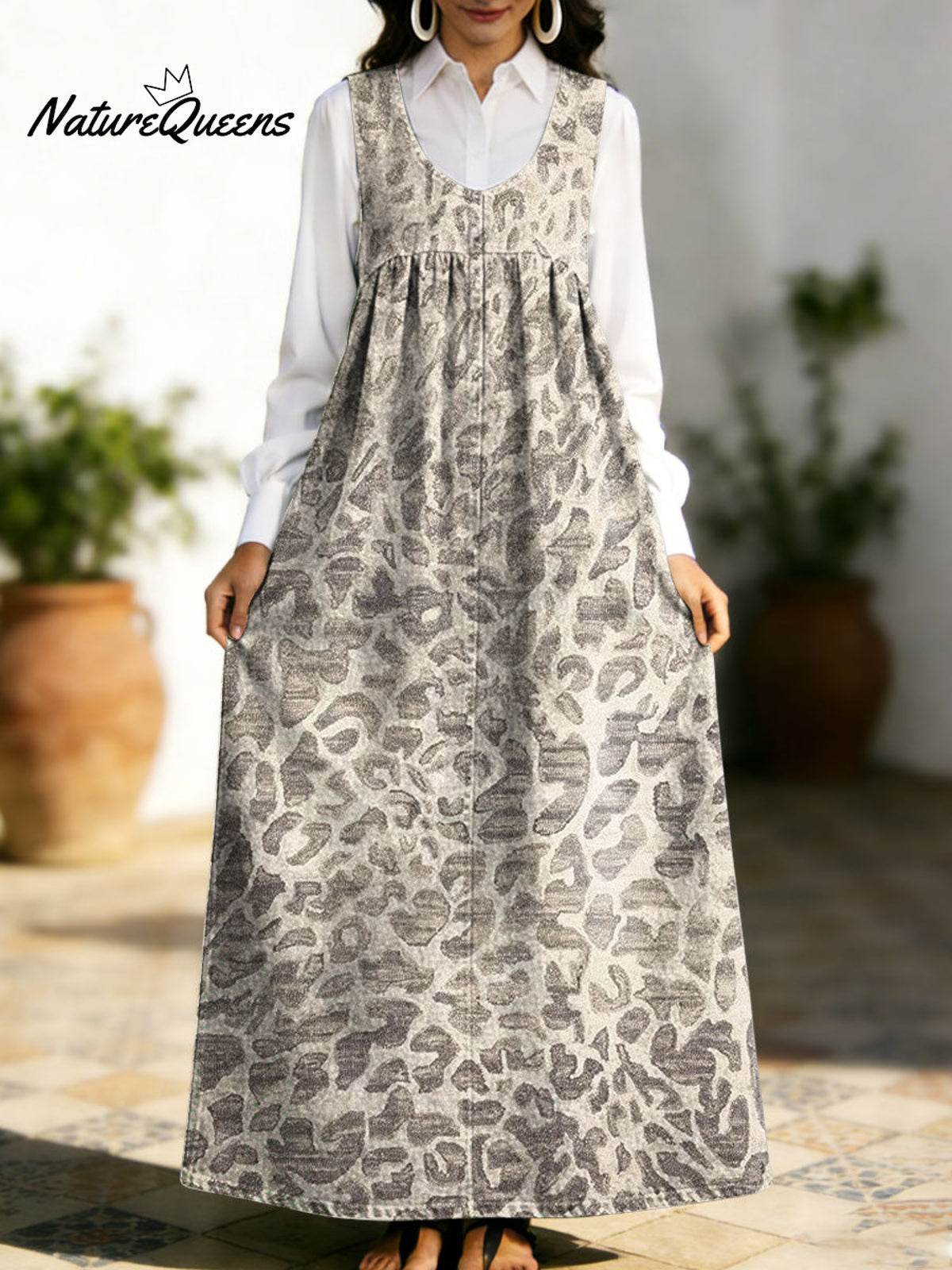 Women's Retro Splicing Colorful Flowers Pattern Art Print Casual Cotton Denim Dress