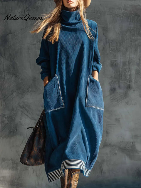 Women's Solid Color High Neck Long Sleeve Casual Loose Pocket Dress