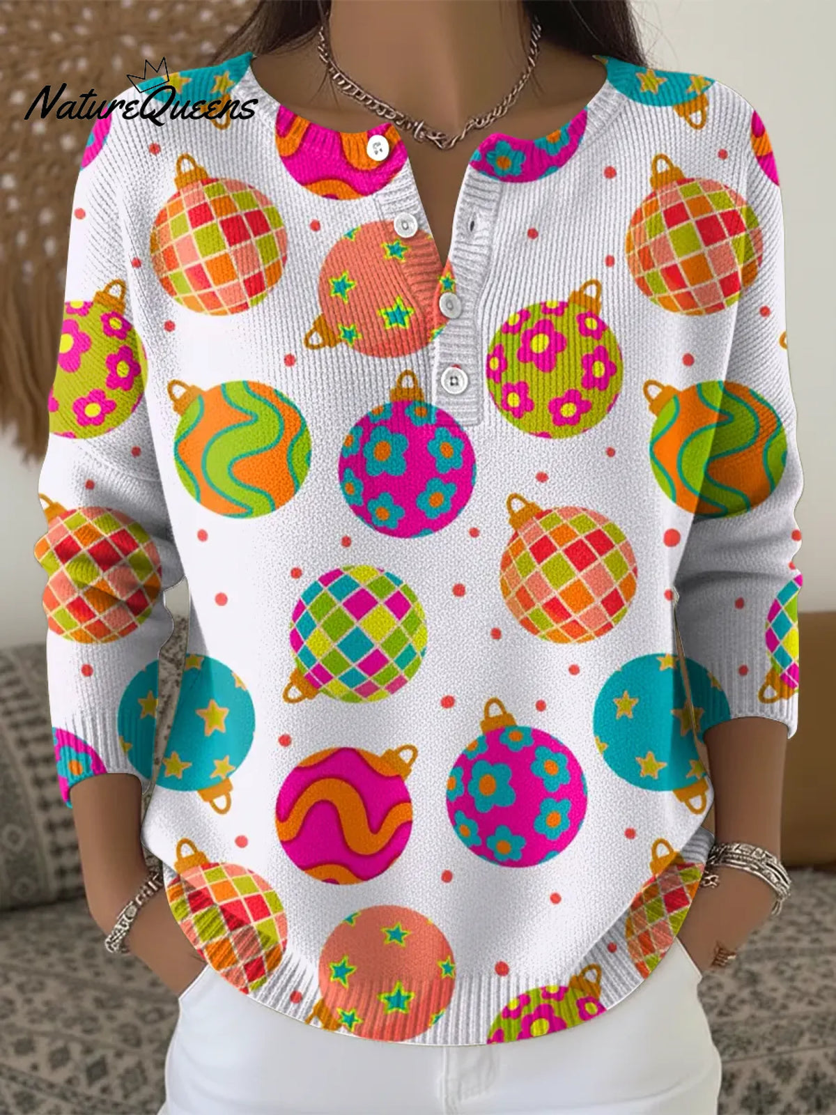 Women's Christmas Bauble Art Casual Printed Sweater