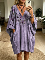 Women's Embroidered Floral Print Casual V-neck Pocket Dress
