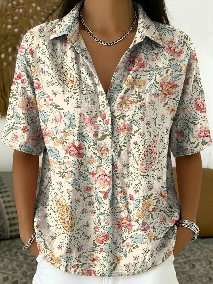 Floral Art Pattern Casual Cotton-linen Shirt