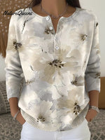 Women's Ink Wash Flower Art Print Casual Sweater