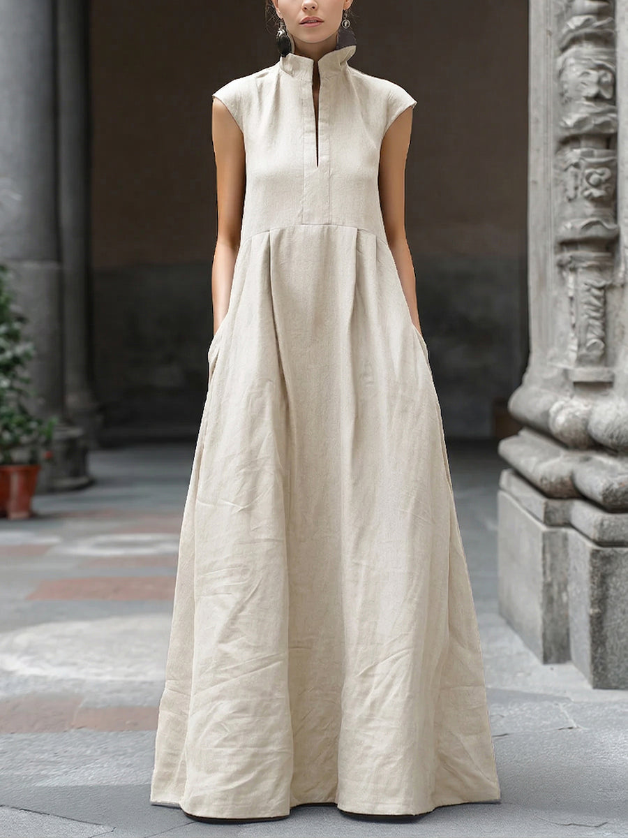 Minimalist Elegance Mock-neck Cotton-linen Maxi Dress