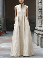 Minimalist Elegance Mock-neck Cotton-linen Maxi Dress