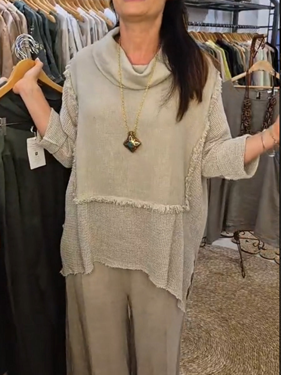 Casual Linen And Cotton Top And Pants Two-piece Set