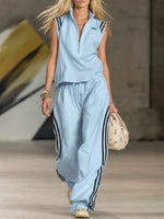 Women's Casual Patchwork Striped Zip-up Top And Pants Two-piece Set